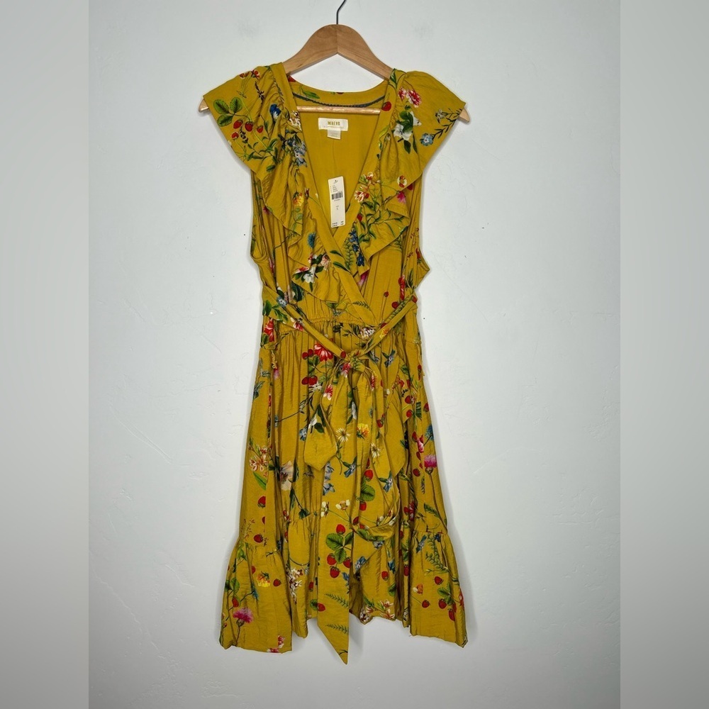 NWT Maeve Yellow Floral Strawberry Faux Wrap Mini Dress Size Large Spring Summer